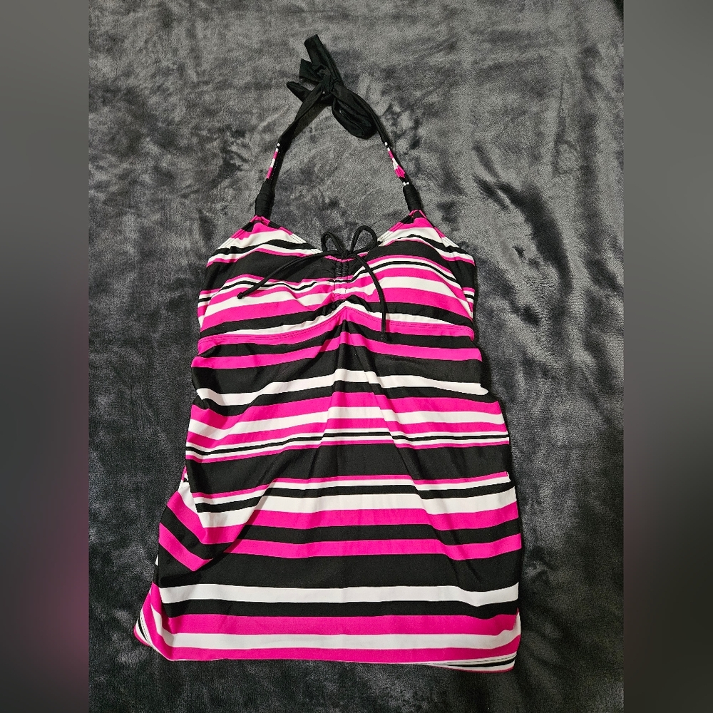Motherhood Maternity Pink, Black, And White Striped Bathing Suit Top Size Medium